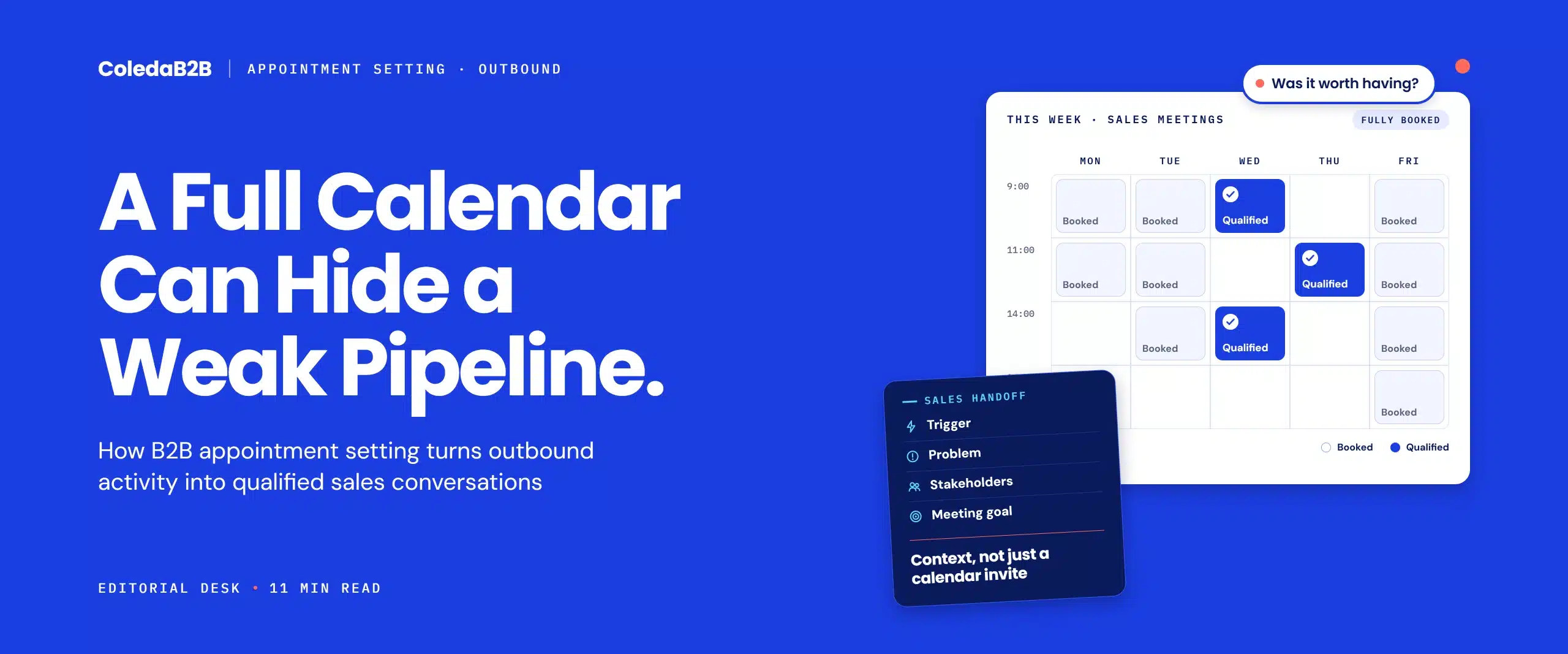 B2B appointment setting illustration of a fully booked sales calendar where only a few meetings are qualified, alongside a sales handoff note covering trigger, problem, stakeholders and meeting goal