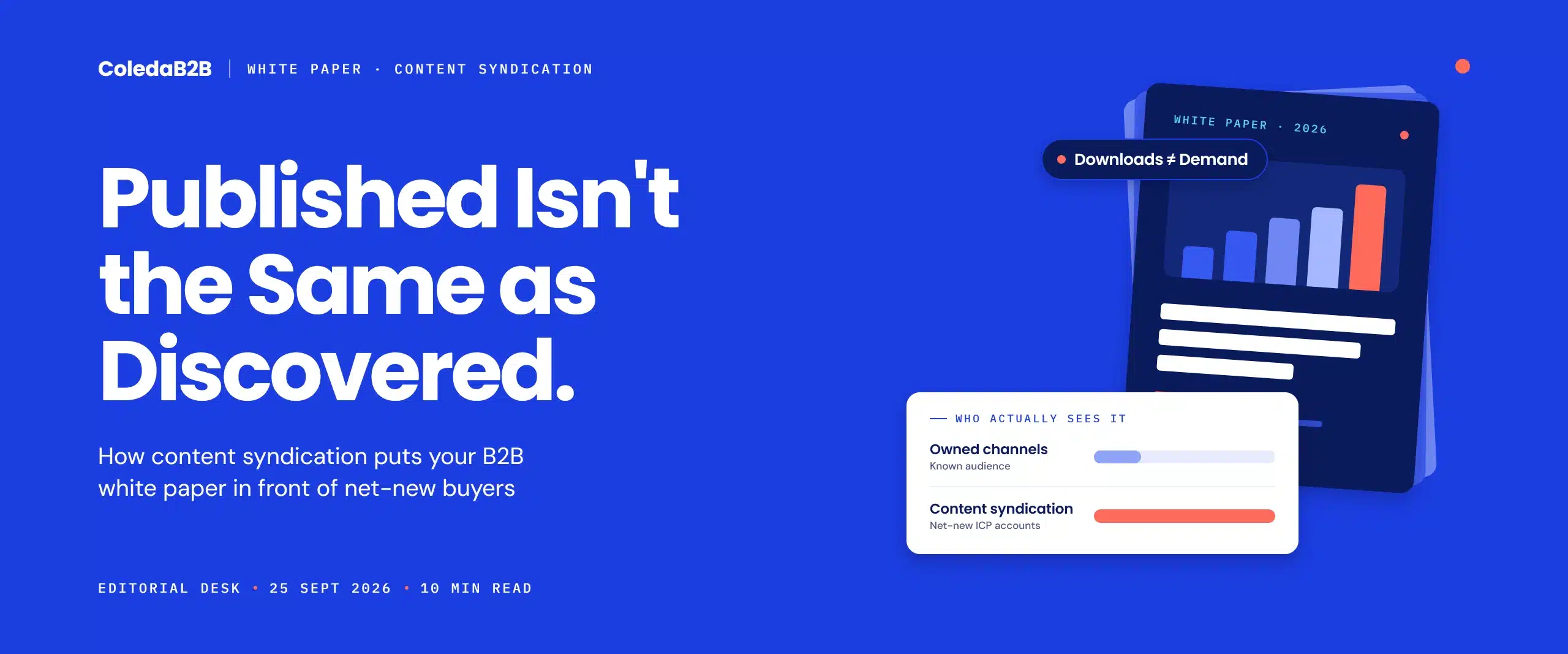 B2B white paper distribution illustration comparing owned channels that reach a known audience with content syndication that reaches net-new ICP accounts