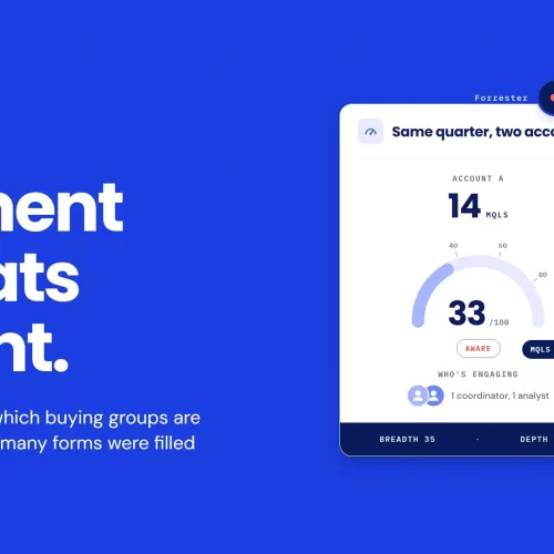Account engagement score versus MQL count: Account A has 14 MQLs but scores 33 with two contacts engaging, while Account B has 3 MQLs but scores 82 with four departments engaging
