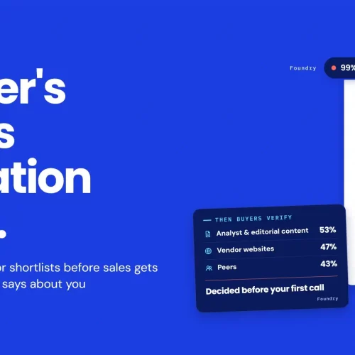 AI in B2B buying: an AI assistant answers a procurement lead's request with a five-vendor shortlist that leaves out your company, followed by buyers verifying through analyst content, vendor websites and peers