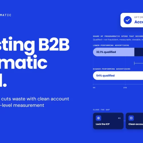 B2B programmatic advertising chart: higher-performing advertisers turn 54% of spend into qualified impressions versus 32.1% for lower performers, with four steps to close the gap: lock the ICP, clean account data, use IP signals carefully and control the supply
