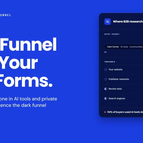 Dark funnel diagram showing buyers make first contact 61% through their journey, with intent data tracking websites, publisher networks, review sites and search, but missing AI chat tools, private communities, peer calls and podcasts