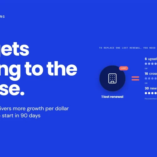 Install base marketing visual showing that replacing one lost renewal takes about 6 upsell, 16 cross-sell or 30 new-logo opportunities, with marketing budgets flat at 7.7% of revenue