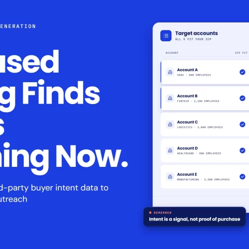 Intent-based marketing account list: five accounts that all fit the ICP, sorted by buyer intent data, with vendor comparison and pricing page signals marked engage now, a third-party topic surge marked warm up and two accounts with no signal marked nurture